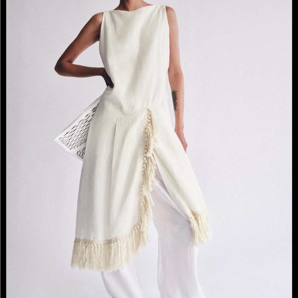 Zara Cream Asymmetrical Fringe-Trim Tunic Dress